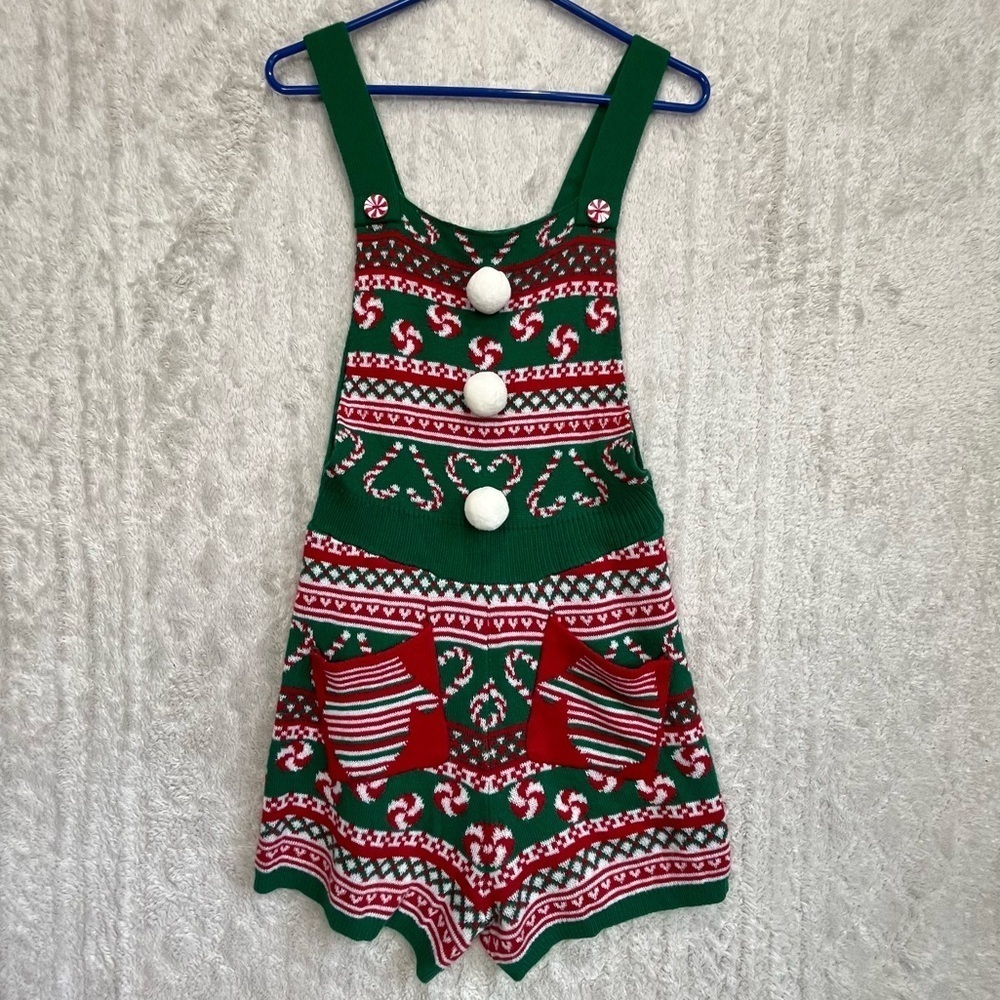 Christmas Knit Romper Festive Pom Poms Holiday Sz M